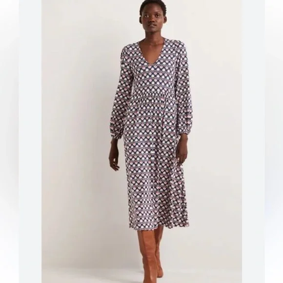 Boden midi floral jersey dress women’s size 14r with navy blue & pockets nwt - Picture 1 of 5